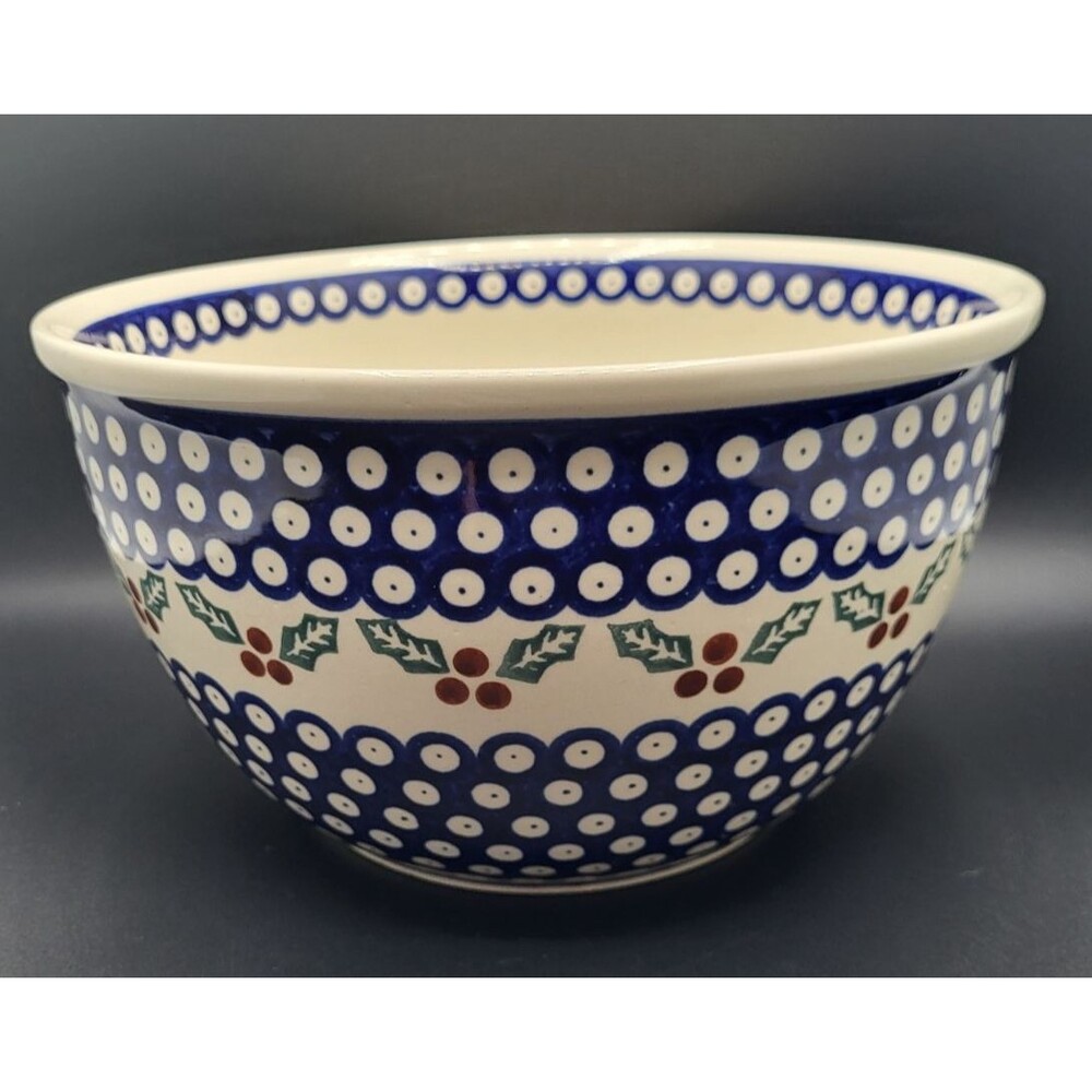 Boleslaweic Polish Pottery Large Round Mixing Serving Bowl W/Christmas Holly 10"